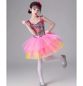 Children's glitter sequins pink jazz Ballet dance princess dresses tutu skirts birthday party outfits kindergarten modern dance wear for Girls